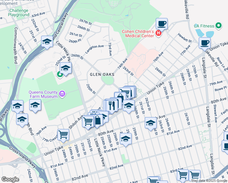 map of restaurants, bars, coffee shops, grocery stores, and more near 255-39 75th Avenue in Queens