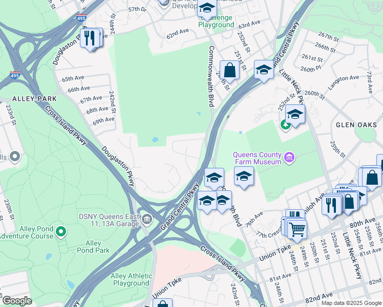 map of restaurants, bars, coffee shops, grocery stores, and more near 244-23 73rd Avenue in Queens