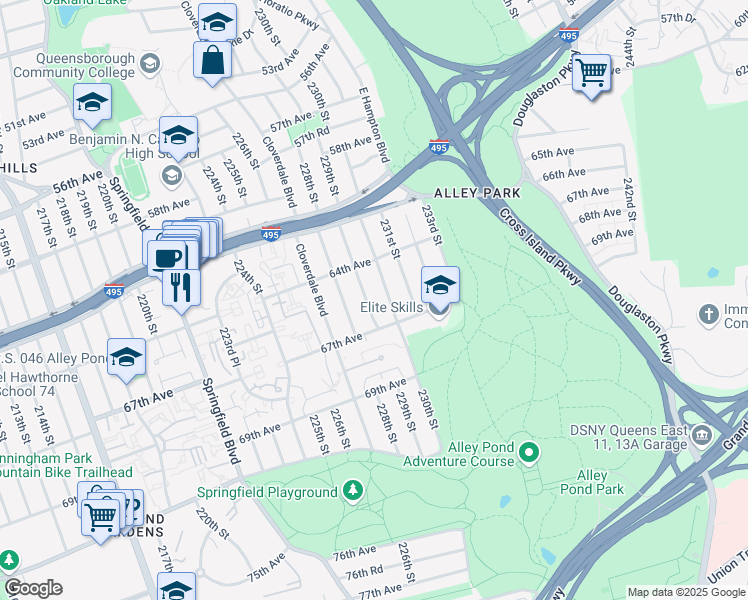 map of restaurants, bars, coffee shops, grocery stores, and more near 64-67 229th Street in Queens
