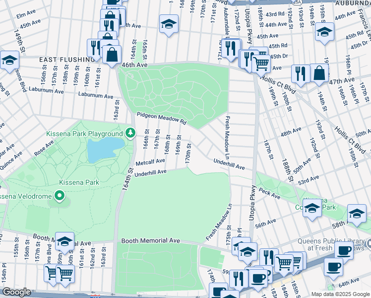 map of restaurants, bars, coffee shops, grocery stores, and more near 49-40 170th Street in Queens