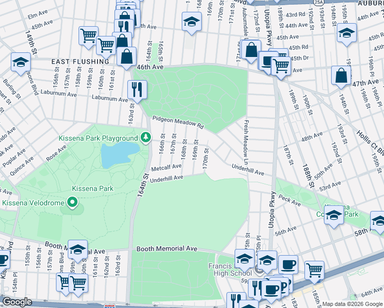 map of restaurants, bars, coffee shops, grocery stores, and more near 4947 168th Street in Queens