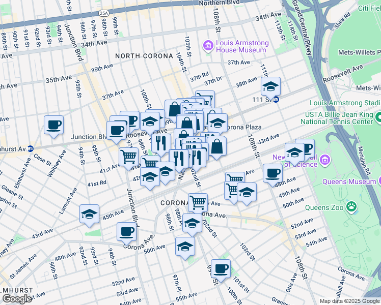 map of restaurants, bars, coffee shops, grocery stores, and more near 4203 102nd Street in Queens
