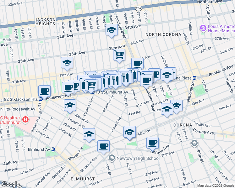 map of restaurants, bars, coffee shops, grocery stores, and more near in Queens