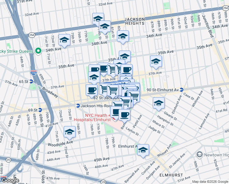 map of restaurants, bars, coffee shops, grocery stores, and more near 80-03 Roosevelt Avenue in Queens