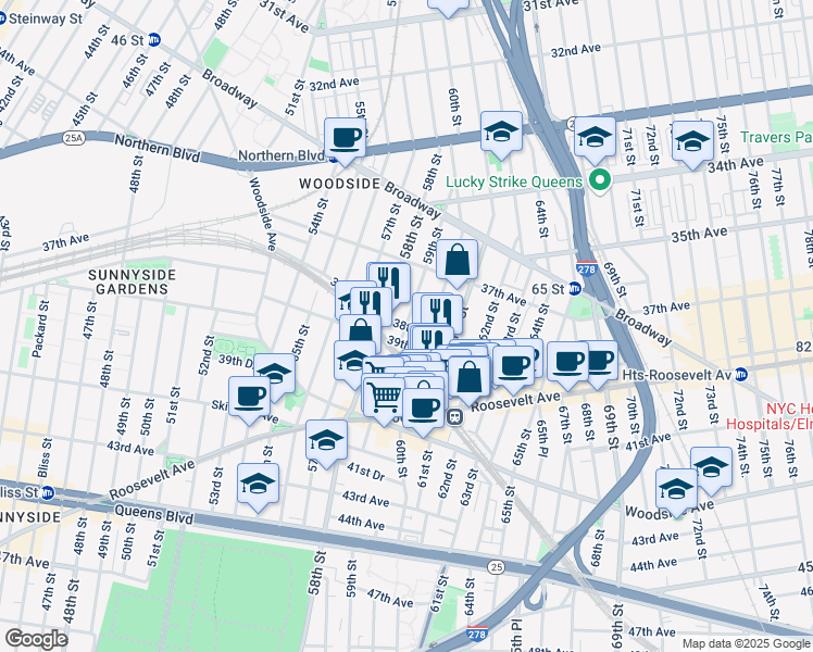map of restaurants, bars, coffee shops, grocery stores, and more near in Queens