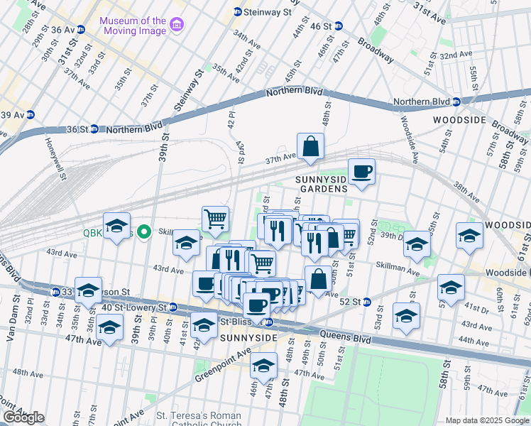 map of restaurants, bars, coffee shops, grocery stores, and more near 3969 45th Street in Queens