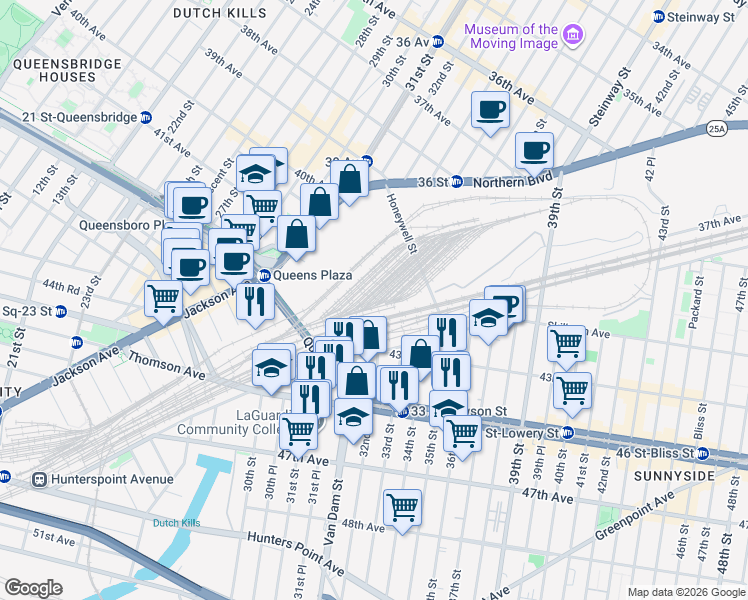 map of restaurants, bars, coffee shops, grocery stores, and more near 4615 Center Boulevard in Queens