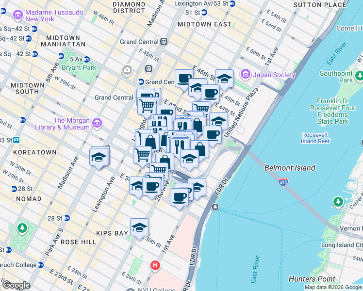 map of restaurants, bars, coffee shops, grocery stores, and more near in New York