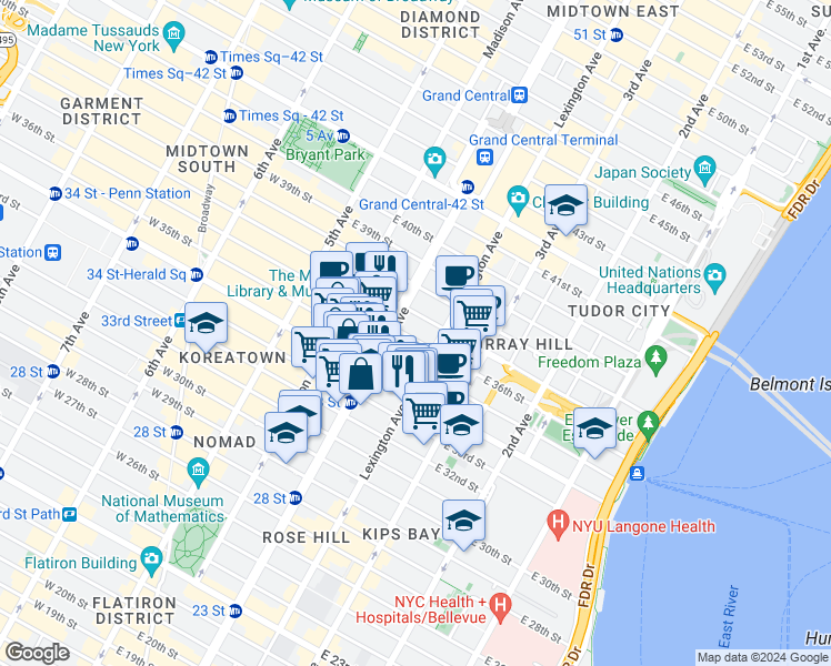map of restaurants, bars, coffee shops, grocery stores, and more near in New York