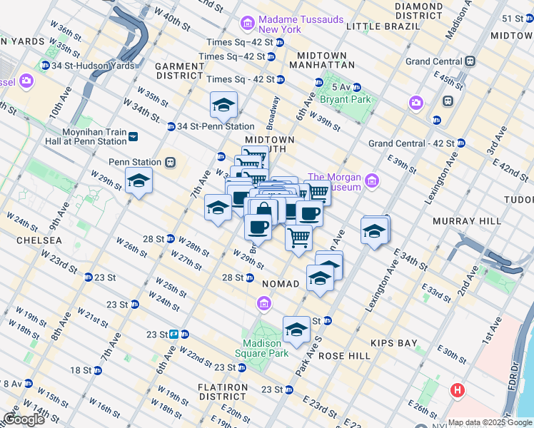 map of restaurants, bars, coffee shops, grocery stores, and more near 1250 Broadway in New York