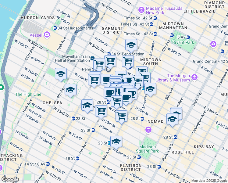 map of restaurants, bars, coffee shops, grocery stores, and more near 145 West 28th Street in New York