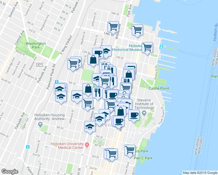 map of restaurants, bars, coffee shops, grocery stores, and more near 836 Park Avenue in Hoboken