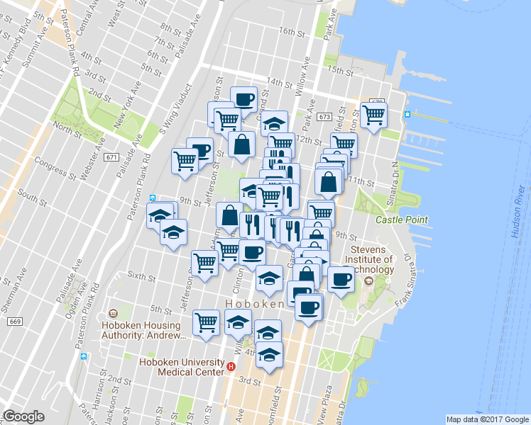 map of restaurants, bars, coffee shops, grocery stores, and more near 836 Park Avenue in Hoboken