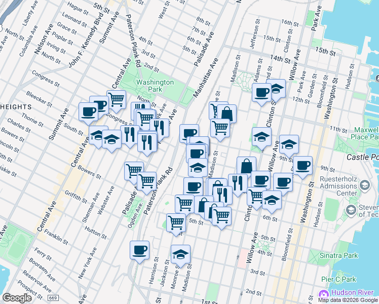 map of restaurants, bars, coffee shops, grocery stores, and more near 770 Jackson Street in Hoboken