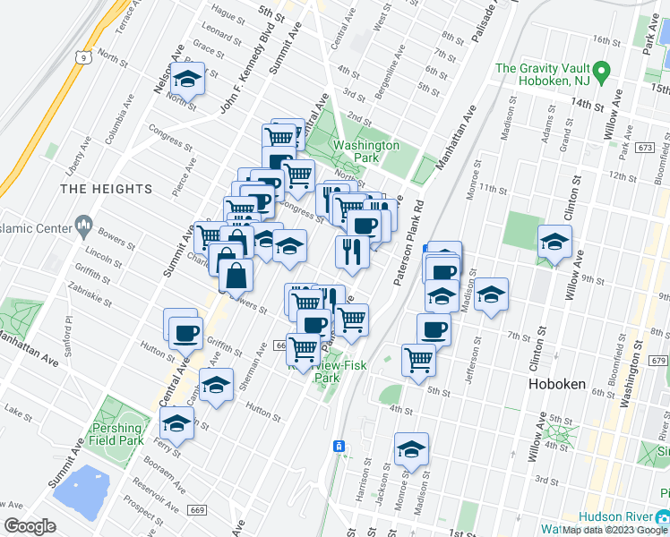 map of restaurants, bars, coffee shops, grocery stores, and more near 338 New York Avenue in Jersey City