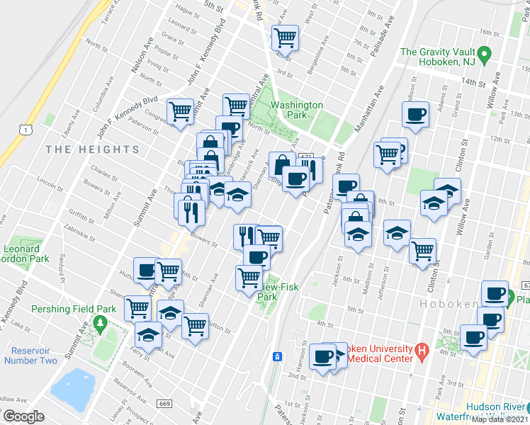 map of restaurants, bars, coffee shops, grocery stores, and more near 338 New York Avenue in Jersey City