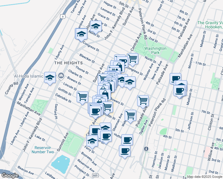 map of restaurants, bars, coffee shops, grocery stores, and more near 131 Cambridge Avenue in Jersey City