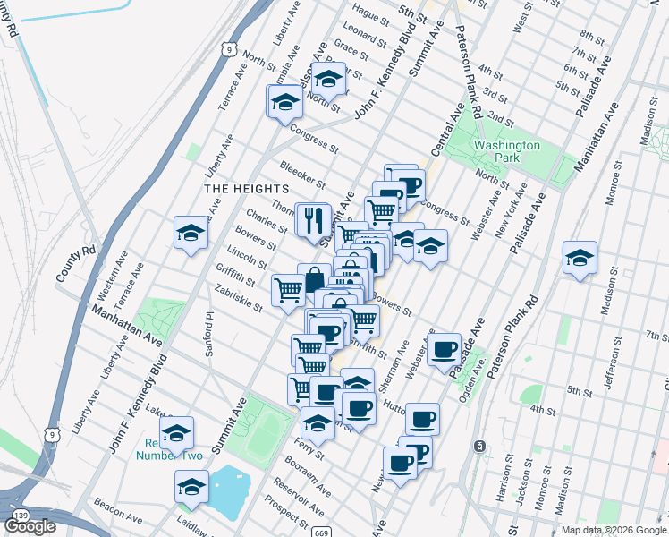 map of restaurants, bars, coffee shops, grocery stores, and more near in Jersey City