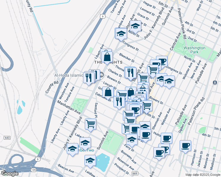 map of restaurants, bars, coffee shops, grocery stores, and more near 247 Griffith Street in Jersey City