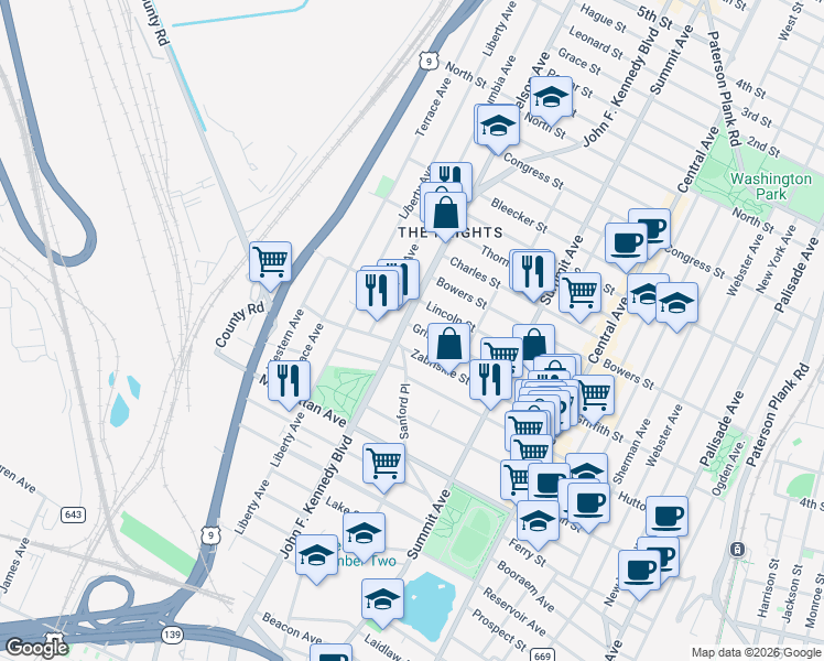 map of restaurants, bars, coffee shops, grocery stores, and more near 124 Zabriskie Street in Jersey City