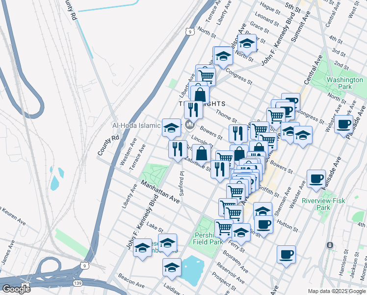 map of restaurants, bars, coffee shops, grocery stores, and more near 124 Zabriskie Street in Jersey City