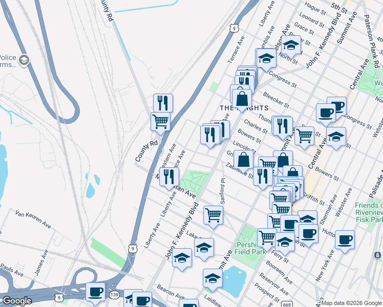 map of restaurants, bars, coffee shops, grocery stores, and more near 271 Hutton Street in Jersey City