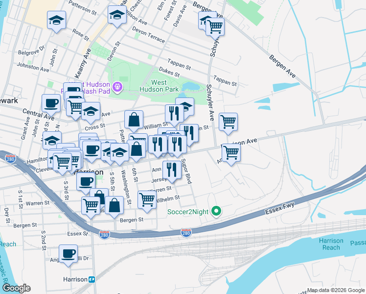 map of restaurants, bars, coffee shops, grocery stores, and more near 751 Harrison Avenue in Harrison