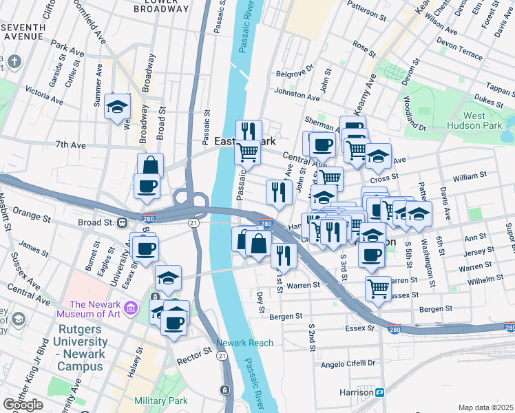 map of restaurants, bars, coffee shops, grocery stores, and more near 1-17 New Jersey Railroad Avenue in Harrison