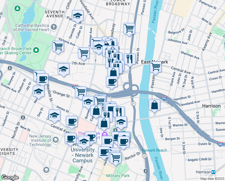 map of restaurants, bars, coffee shops, grocery stores, and more near in Newark