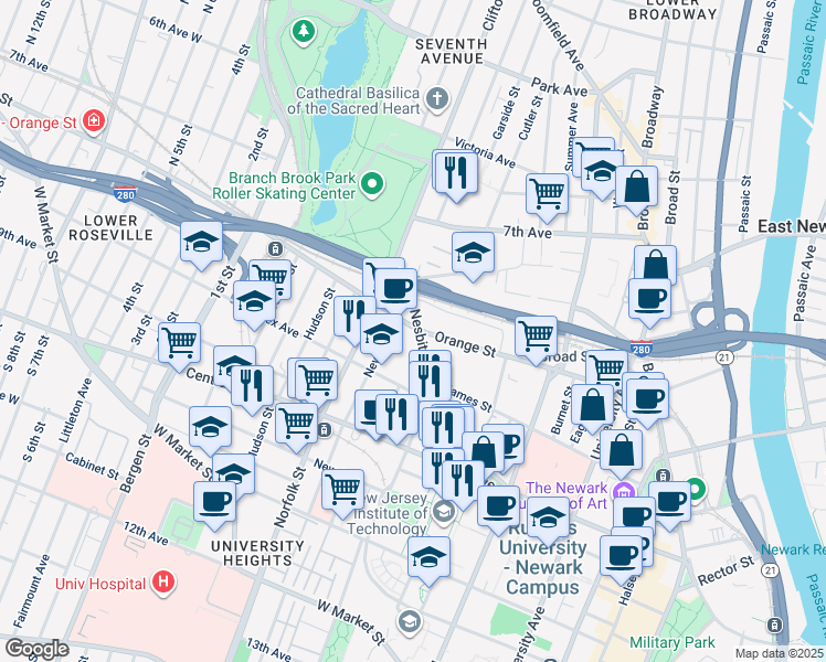map of restaurants, bars, coffee shops, grocery stores, and more near 36 Nesbitt Street in Newark