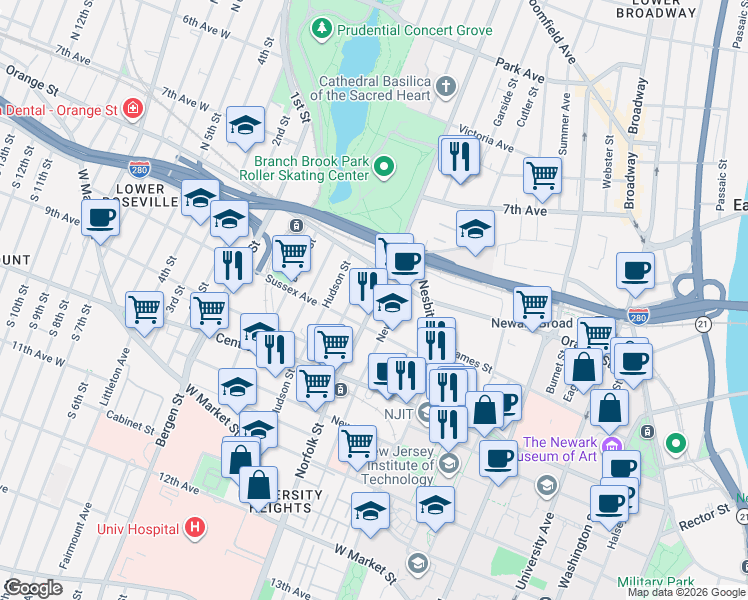 map of restaurants, bars, coffee shops, grocery stores, and more near 35 Newark Street in Newark