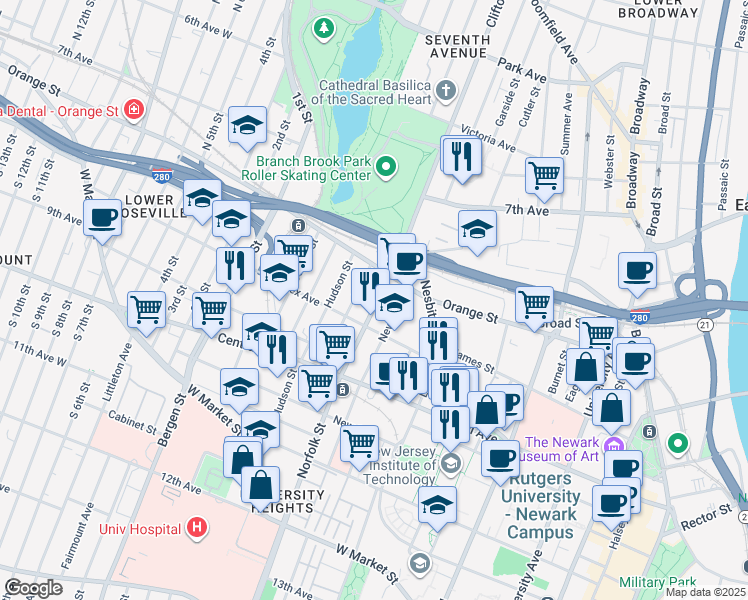map of restaurants, bars, coffee shops, grocery stores, and more near 35 Newark Street in Newark