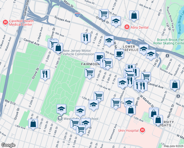map of restaurants, bars, coffee shops, grocery stores, and more near 161 South 10th Street in Newark
