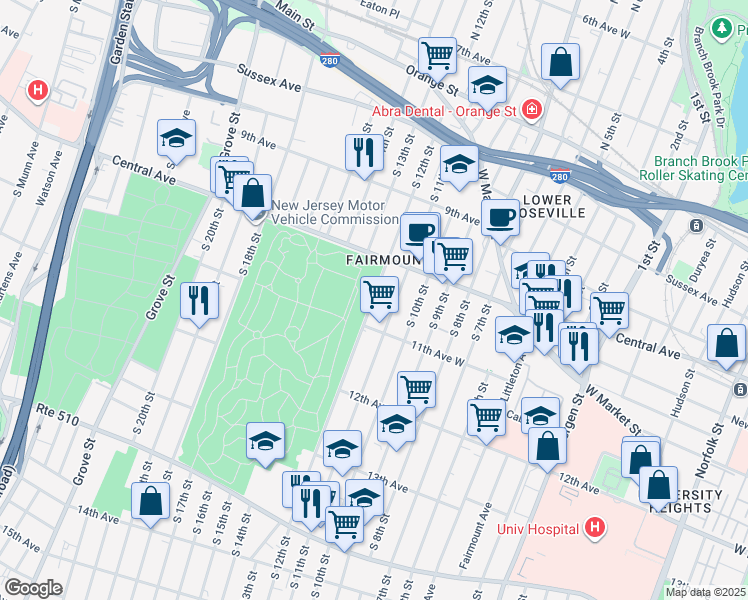 map of restaurants, bars, coffee shops, grocery stores, and more near 133 11th Avenue West in Newark
