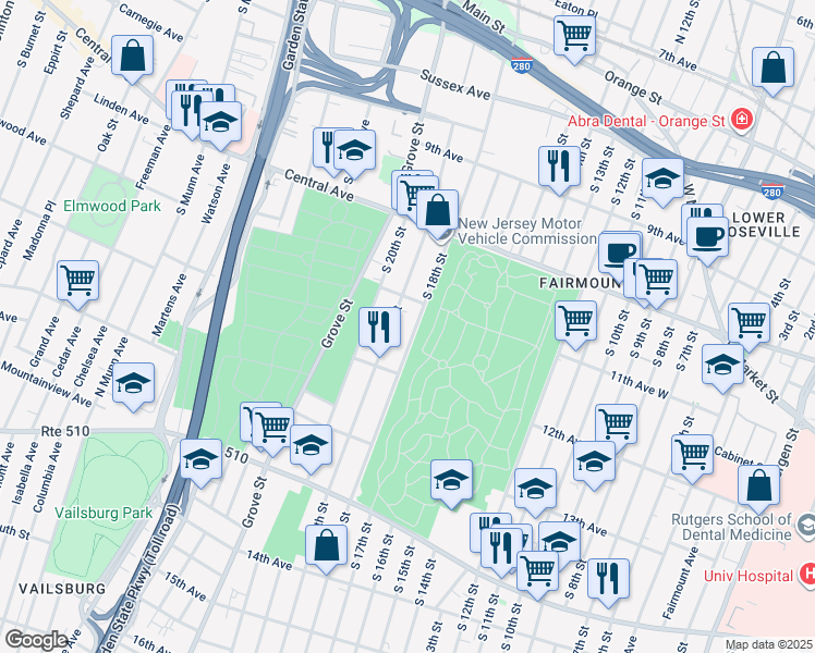 map of restaurants, bars, coffee shops, grocery stores, and more near 273 South 18th Street in Newark