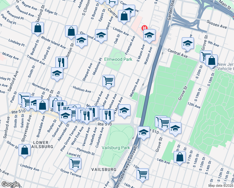 map of restaurants, bars, coffee shops, grocery stores, and more near 71 North Munn Avenue in Newark