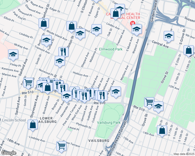 map of restaurants, bars, coffee shops, grocery stores, and more near 78 Cedar Avenue in Newark