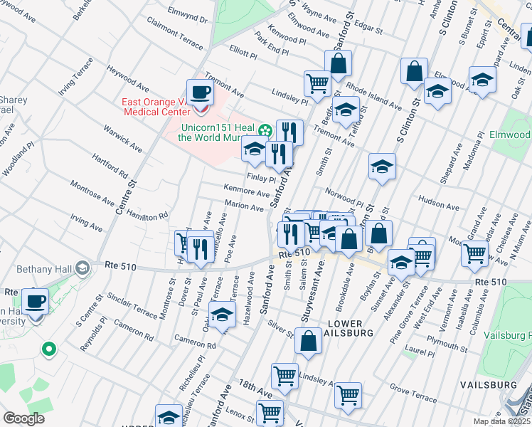 map of restaurants, bars, coffee shops, grocery stores, and more near 27 Palm Street in Newark