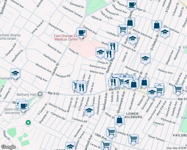 map of restaurants, bars, coffee shops, grocery stores, and more near 54 Poe Avenue in Newark