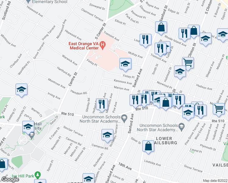 map of restaurants, bars, coffee shops, grocery stores, and more near 53 Monticello Avenue in Newark