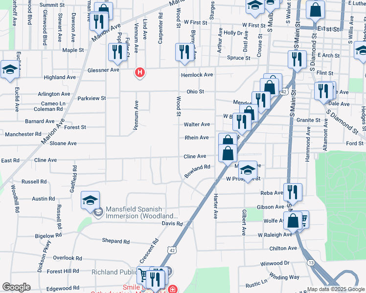 map of restaurants, bars, coffee shops, grocery stores, and more near 243 Cline Avenue in Mansfield