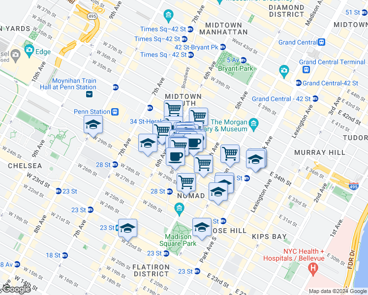 map of restaurants, bars, coffee shops, grocery stores, and more near 43 West 32nd Street in New York