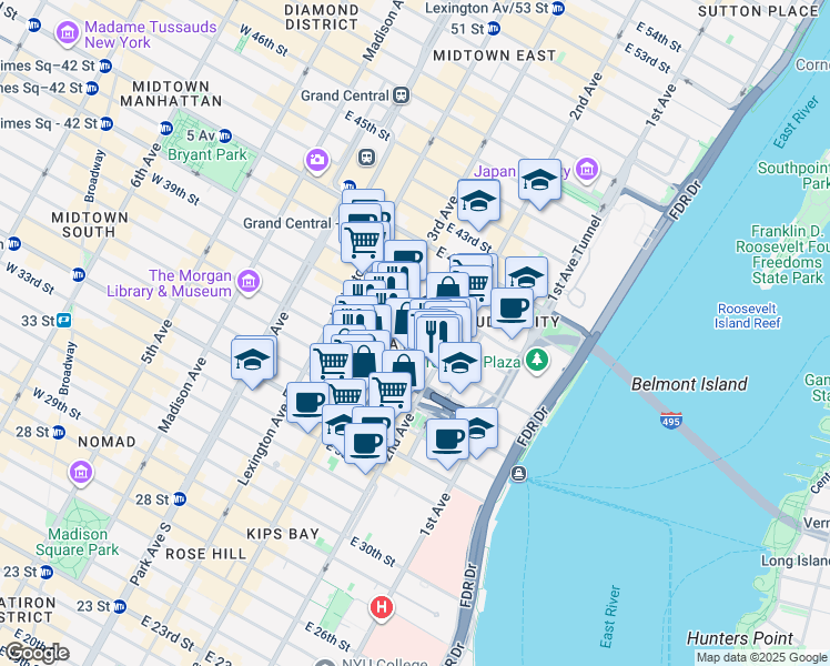 map of restaurants, bars, coffee shops, grocery stores, and more near 222 East 39th Street in New York