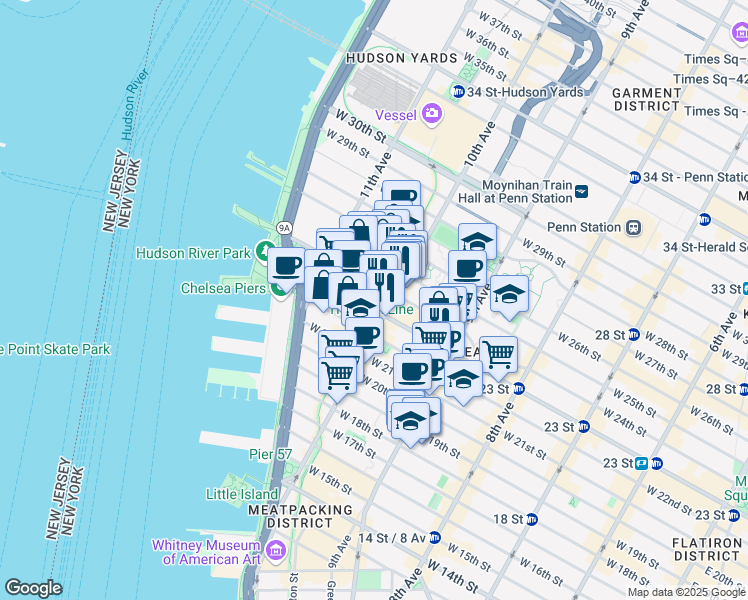 map of restaurants, bars, coffee shops, grocery stores, and more near 511 West 23rd Street in New York