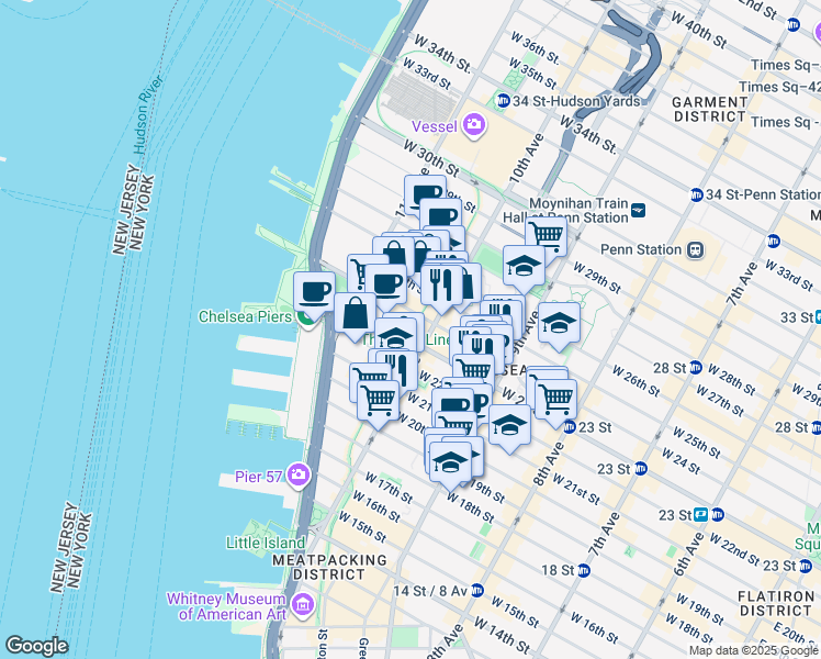 map of restaurants, bars, coffee shops, grocery stores, and more near 511 West 23rd Street in New York