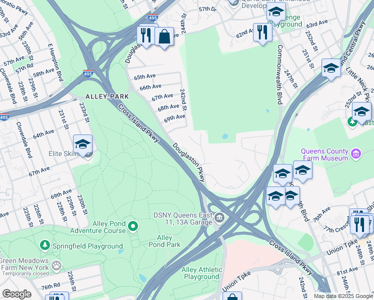 map of restaurants, bars, coffee shops, grocery stores, and more near 71-43 Douglaston Parkway in Queens