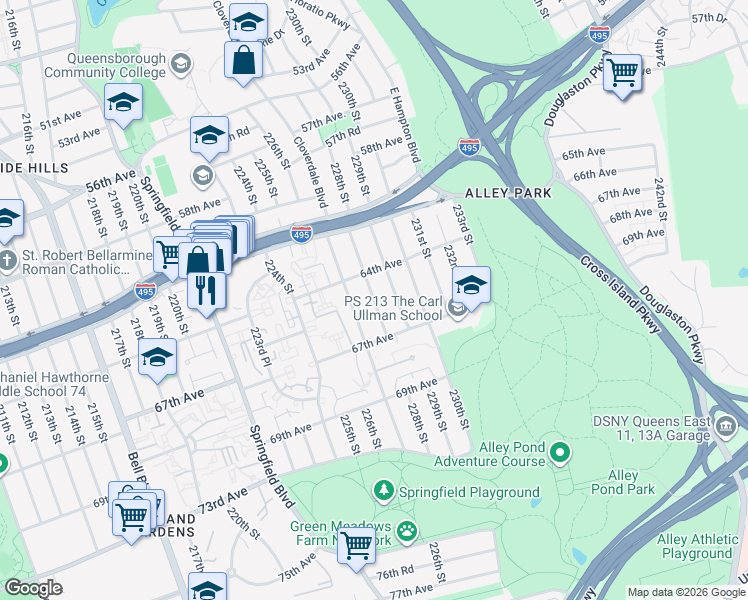 map of restaurants, bars, coffee shops, grocery stores, and more near 64-56 228th Street in Queens