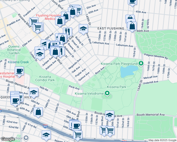 map of restaurants, bars, coffee shops, grocery stores, and more near 142-11 Rose Avenue in Queens