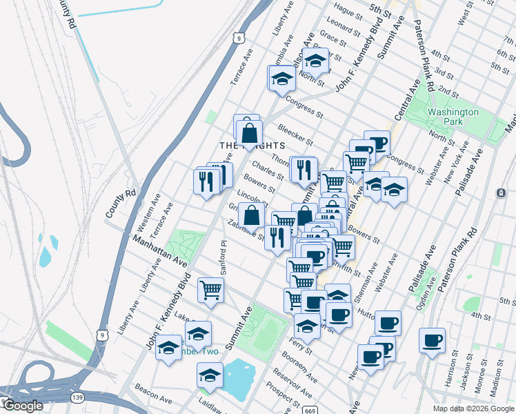 map of restaurants, bars, coffee shops, grocery stores, and more near 247 Griffith Street in Jersey City