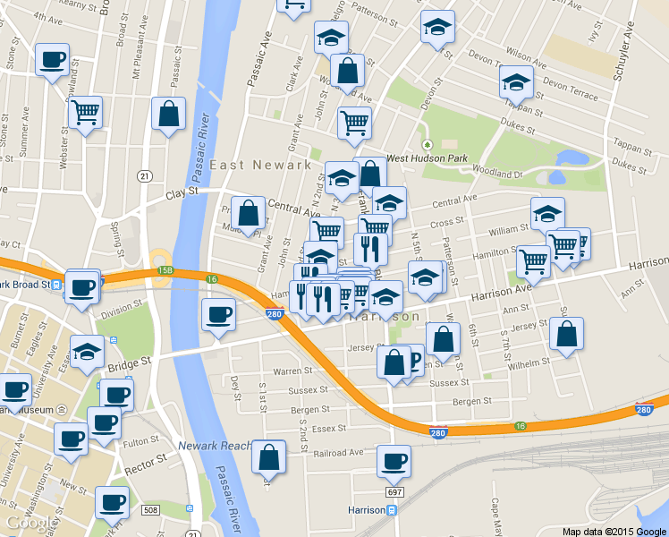 map of restaurants, bars, coffee shops, grocery stores, and more near 241 Hamilton Street in Harrison